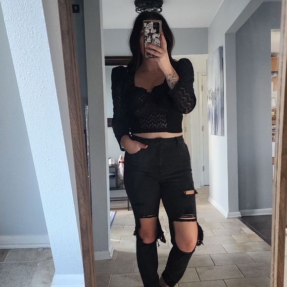 Vintage Black Lace Crop Top with 3/4 Lace Sleeves | Large | Whimsigoth - Picture 10 of 11